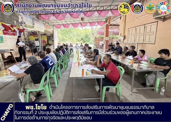 พช.ไชโย ดำเนินโครงการการส่งเสริมการพัฒนาชุมชนธรรมาภิบาล กิจกรรมที่ 2 ประชุมเชิงปฏิบัติการส่งเสริมการมีส่วนร่วมของผู้แทนภาคประชาชนในการต่อต้านการทุจริตและประพฤติมิชอบ
